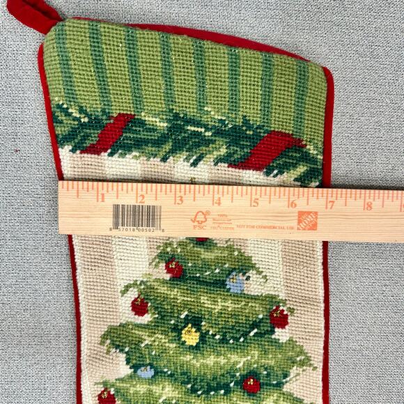 Lands’ End Needlepoint Christmas Stocking Wool Holiday Tree Red Velvet 18” - Picture 9 of 13